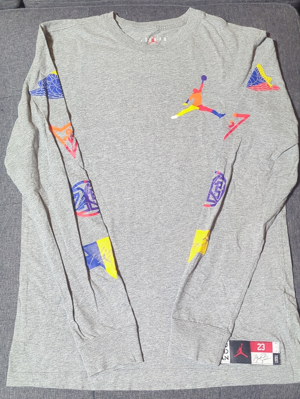 Jordan Heather Gray Long-Sleeve Tee with Multicolor Jumpman and Sleeve Graphics